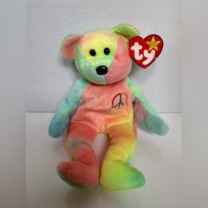 🌈 TY Beanie Baby “Peace” the Bear (1996) – Tie-Dye Plush with Peace Symbol & Tag